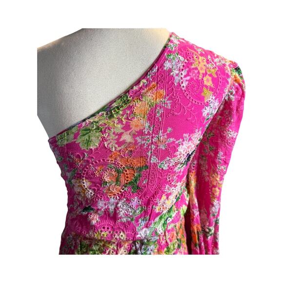 Hemant & Nandita Eyelet Lace Floral One Shoulder Mini Dress, Pink, Size Small - Picture 4 of 8